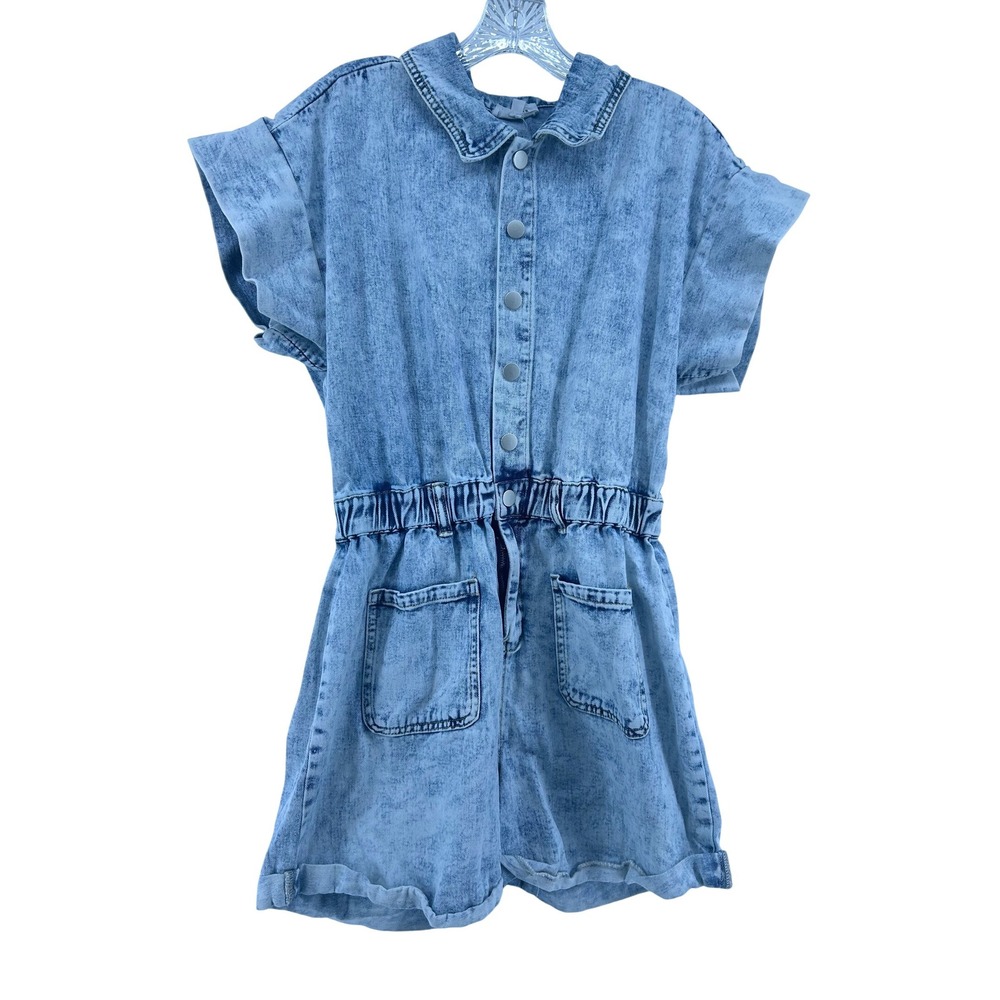 AnnieWear Los Angeles Acid Wash Denim Romper Womens Medium Blue Flutter Sleeve